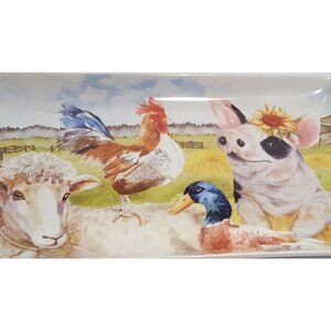 Pier 1 Imports Rectangle Plate Serving Tray Platter Stoneware 14x7" Farm Animals